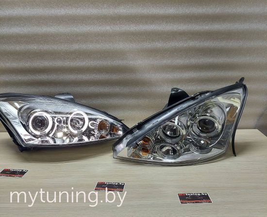 Передние фары Ford Focus 1 angel eyes chrome