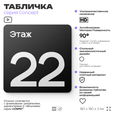 Табличка Этаж 22, на дверь и стену, навигационная и информационная, серия CONCEPT, 18х18 см, Айдентика Технолоджи