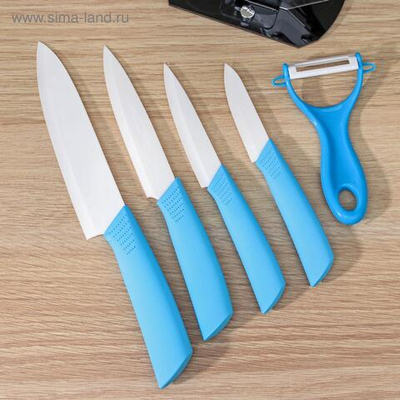 Набор кухонный на подставке Доляна «Симпл», 5 предметов: ножи 7,5 см, 10,5 см, 13 см, 15 см, овощечистка, цвет голубой (Цвет: не задано)