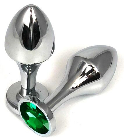 Серебристая анальная пробка на удлиненной ножке с зеленым кристаллом - 9 см. (Цвет: зеленый)