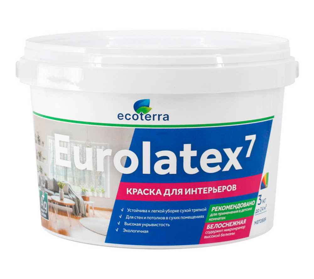Краска ВД-АК 2180 интерьерная 3 кг Eurolatex Белоснежная Ecoterra