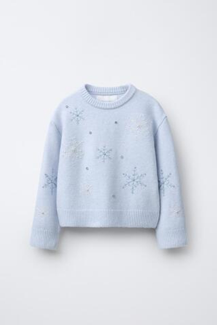 ZARA ВЯЗАНЫЙ ДЖЕМПЕР СО СНЕЖИНКАМИ, ГОЛУБОЙ