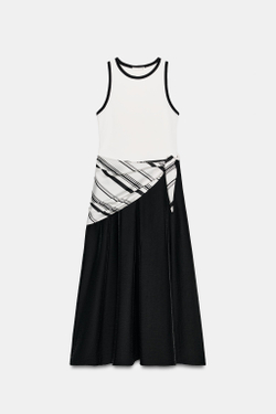 ZARA КОМБИНИРОВАННОЕ ПЛАТЬЕ МИДИ С ПЛАТКОМ, БЕЛЫЙ/ЧЕРНЫЙ