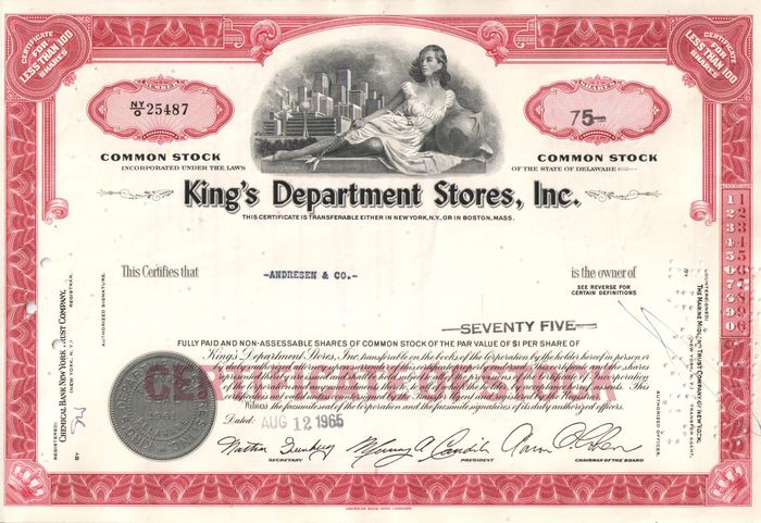 Акция King Departments Stores Inc. 1964-1987 США