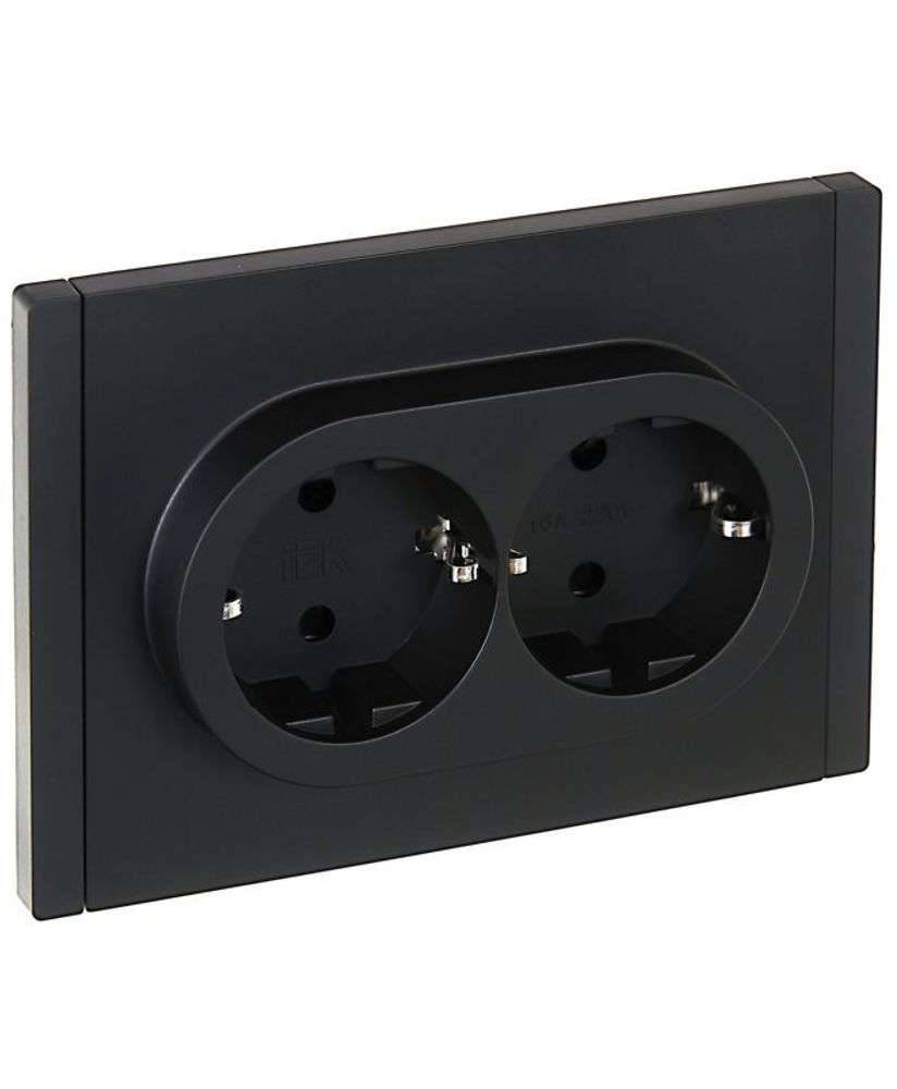 Розетка 2-м СП FORTE&amp;PIANO FP123 16А с заземл. защ. шторки безвинт. крепл. черн. IEK FP-R24-16-1-K02