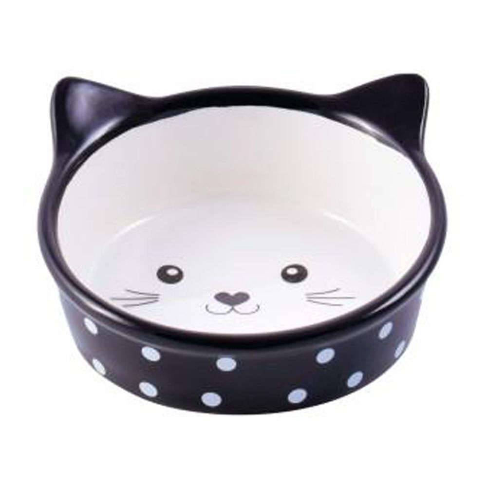 Миска Mr.Kranch керамическая для кошек Мордочка кошки 250 мл черная в горошек