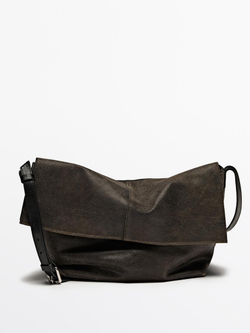 Massimo Dutti Сумка из кожи наппа с клапаном и эффектом потертости, черный