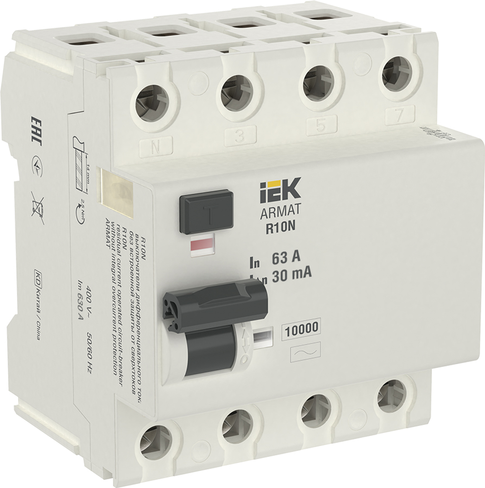 УЗО Выключатель дифференциального тока серии IEK ARMAT R10N 4P 63А 30мА тип AC 10кА, AR-R10N-4-063C030
