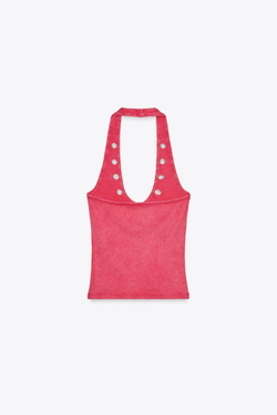 ZARA ТОП С ГОРЛОВИНОЙ ХАЛТЕР И КОЛЬЦАМИ, КРАСНЫЙ