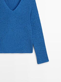 Massimo Dutti Свитер из смесового хлопка с V-образным вырезом, синий