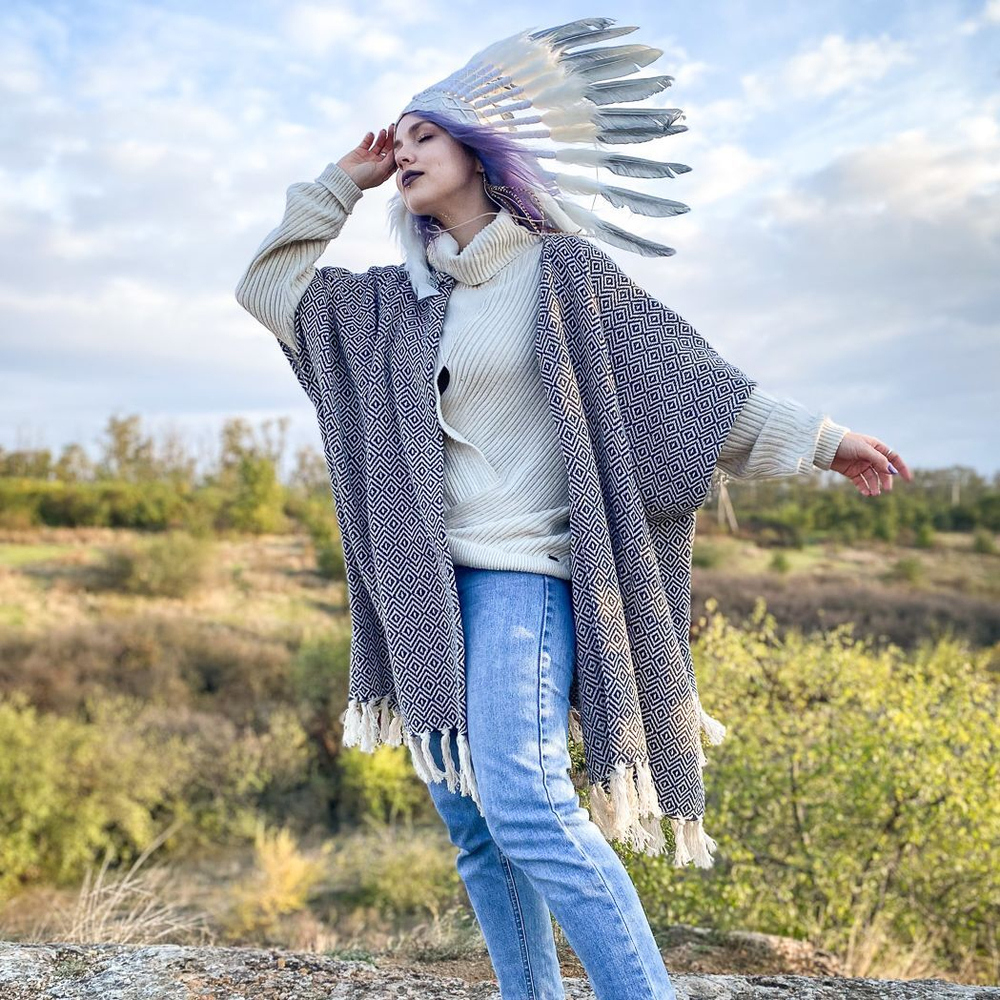 Бохо-накидка из фактурного хлопка (темно-синий/ромб)