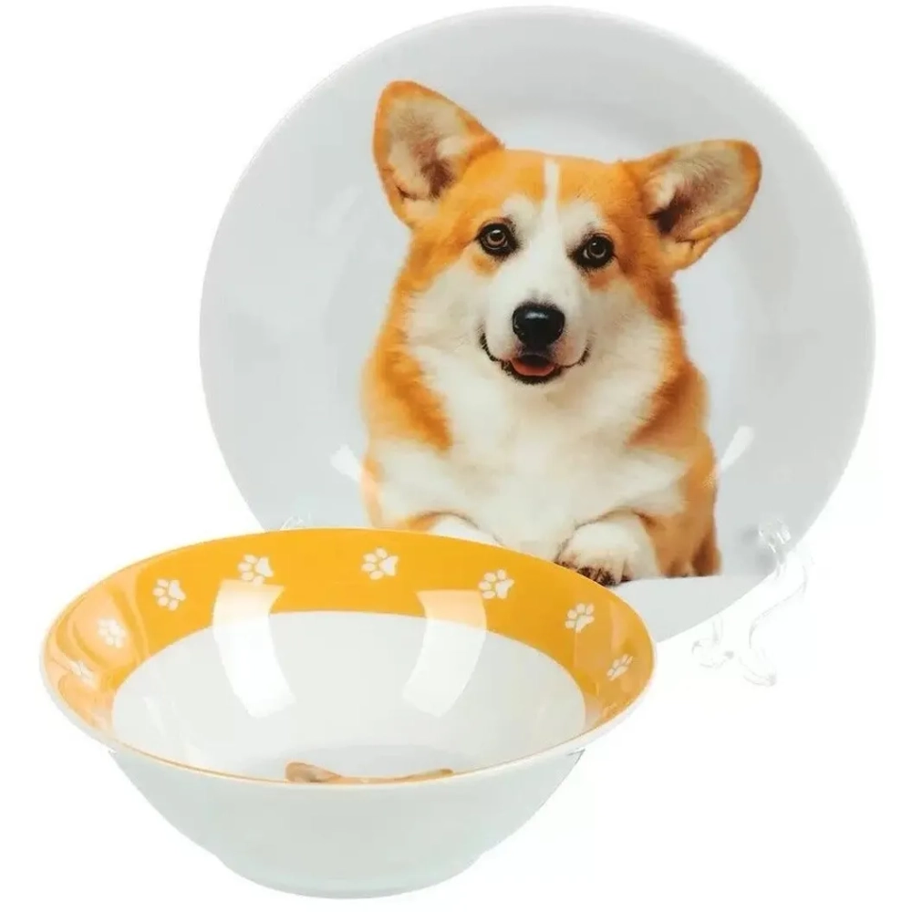 Набор посуды керамика, 3 шт, Корги, тарелка 17.5 см, салатник 15 см, кружка 230 мл, Daniks, C1008