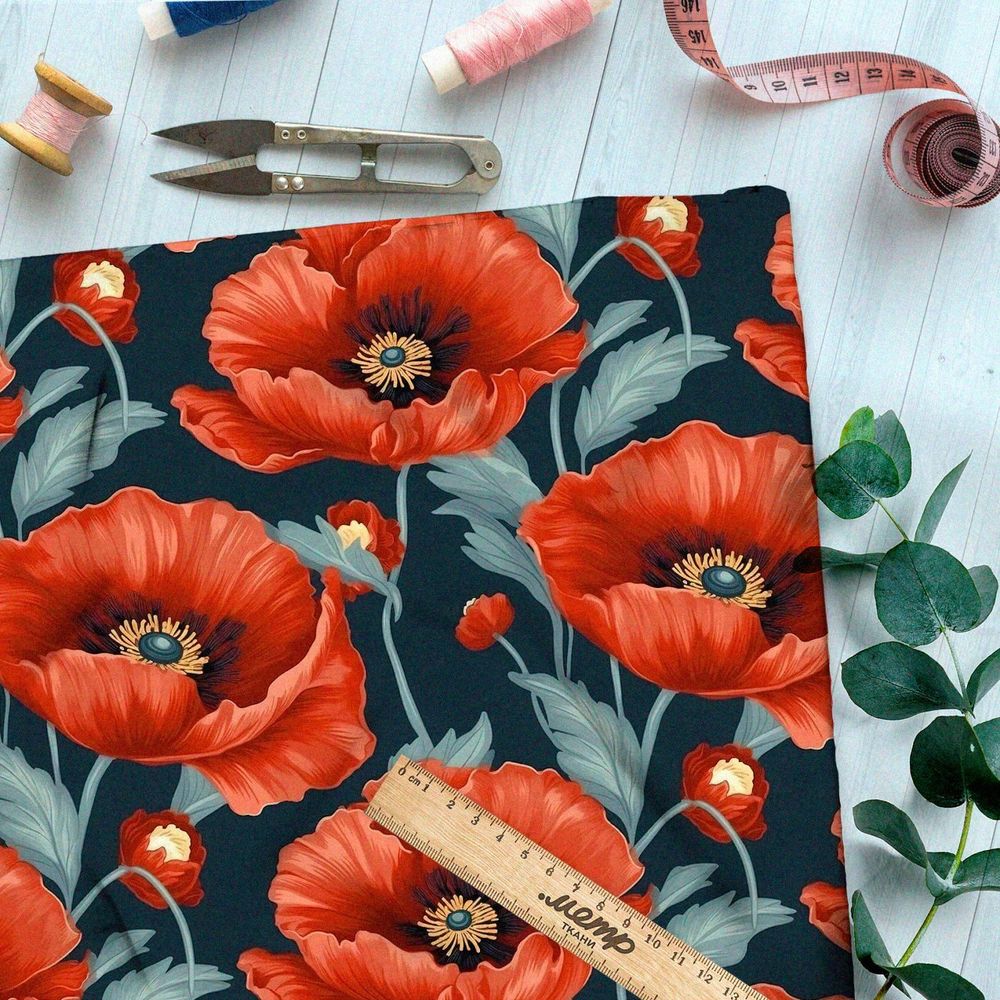 Ткань премиум мембрана крупные маки на синем