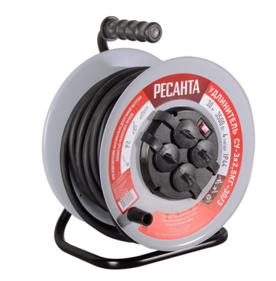 Удлинитель силовой на металлической катушке Ресанта СУ-3х2,5КГ-30/3 (с выкл., 4 розетки, IP44)