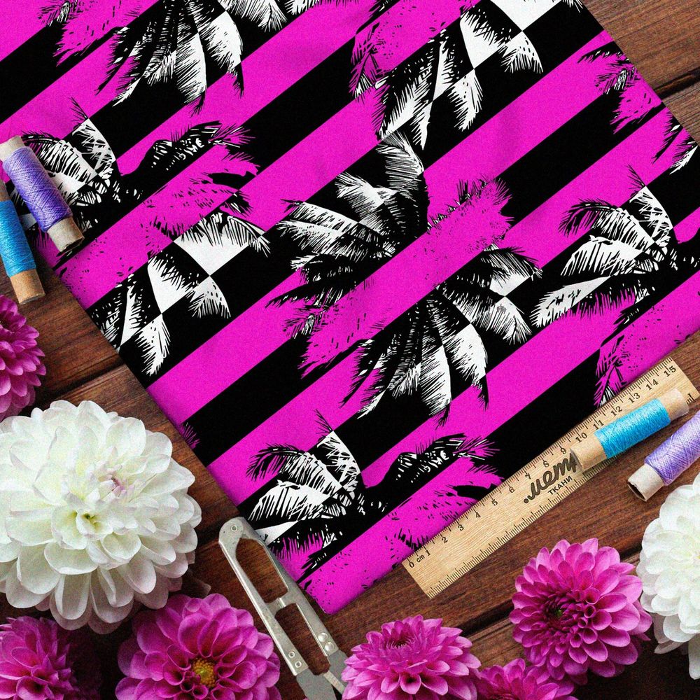 Ткань ниагара пальмы в чёрно-розовую полоску