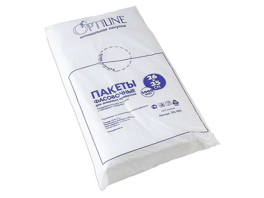 Пакет фасовочный Optiline, ПНД, 18+8х35 см, 7 мкм, евроблок, 1000 штук в упаковке, 10000 штук в коробке