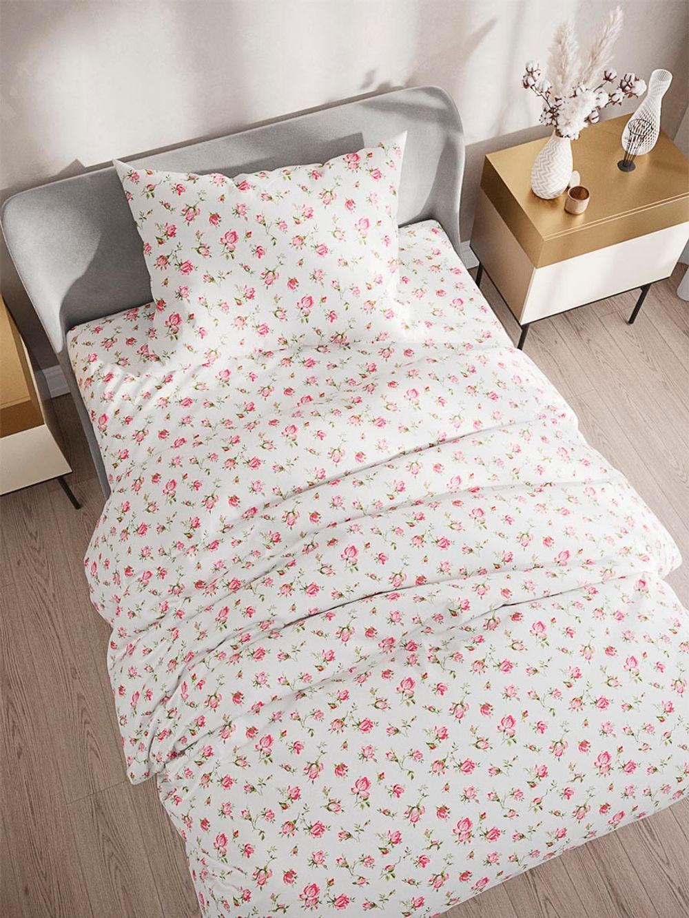 Простынь на резинке Сказка "Розовые бутоны" 90х200 см, перкаль