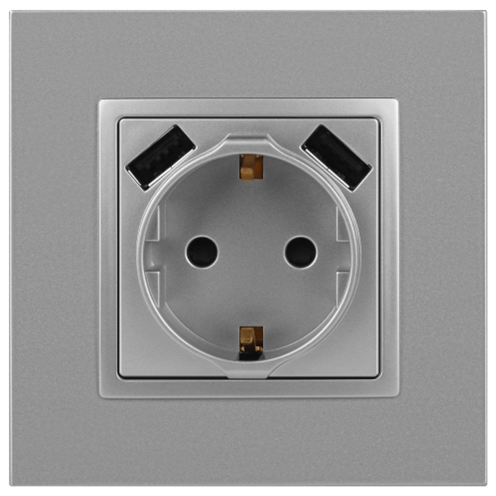 14-4109-03 ЭРА Розетка 2P+E 16A-250В, штор. с 2xUSB 5В-3А, Эра Elegance, алюминий | Elegance Алюминий