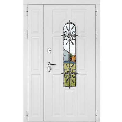 Белая дверь в дом со стеклопакетом и ковкой - 1088