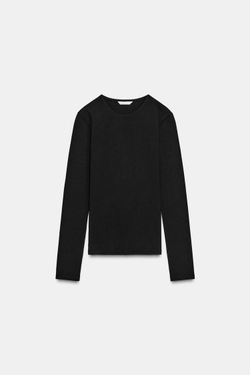 ZARA БАЗОВАЯ ХЛОПКОВАЯ ФУТБОЛКА, ЧЕРНЫЙ