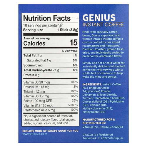 VitaCup, Растворимый кофе Genius, средней обжарки, 10 палочек для еды, по 3,8 г (0,13 унции)