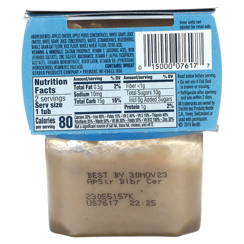 Gerber, яблоко, клубника и голубика со смесью хлопьев, 2nd Foods®, 2 упаковки по 113 г (4 унции)