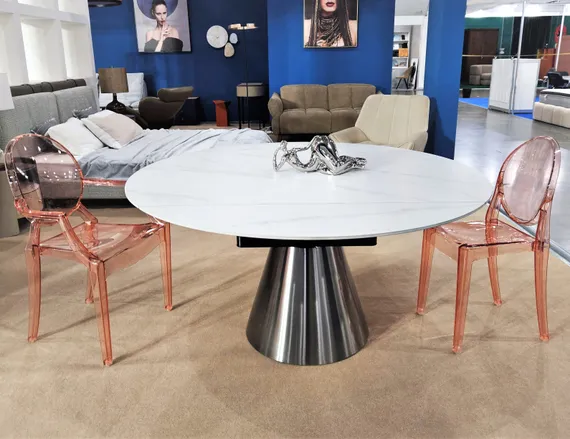 Стол обеденный раскладной Oda, Ø150 см, белый матовый керамогранит