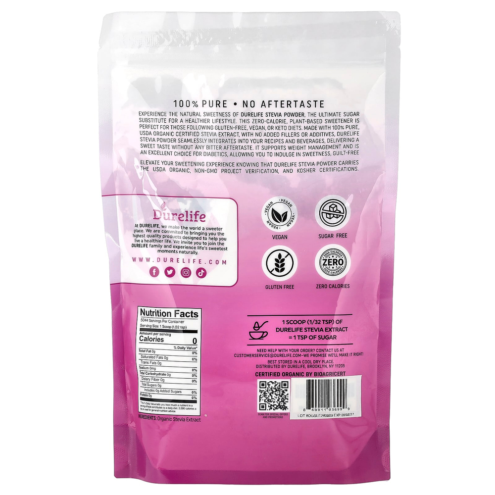 DURELIFE, органический экстракт стевии, порошок, 226 г (8 унций)