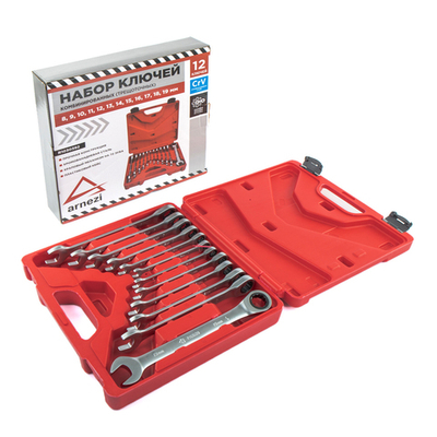 Набор ключей комбинированных, 12 предметов, трещоточные, в пластиковом боксе ARNEZI R1030392