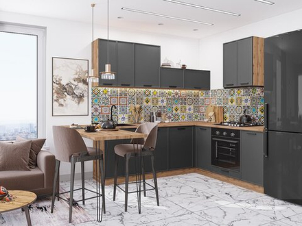 Угловая модульная кухня Фрейм-03 Stormy Silk - Дуб Вотан 2140*2200/2000*600