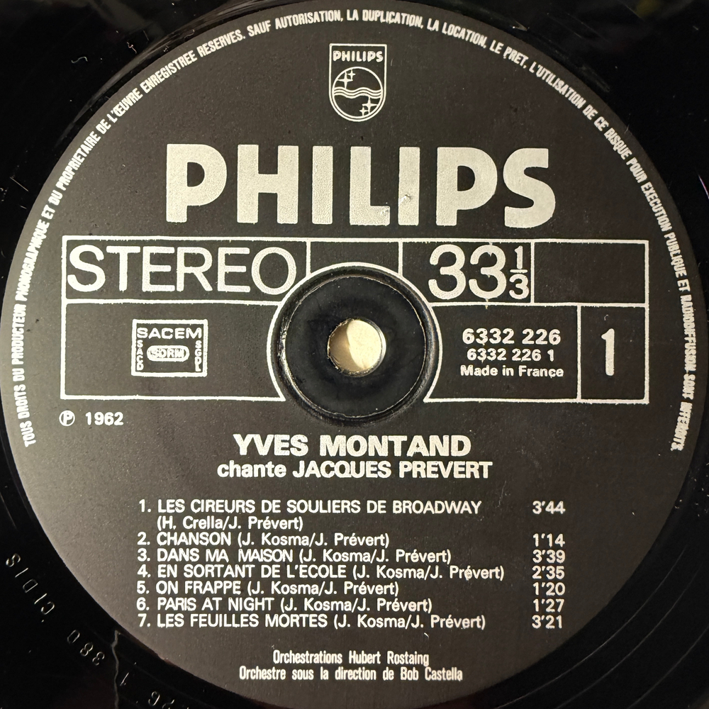 Yves Montand ‎– Montand Chante Prévert (Франция) Т