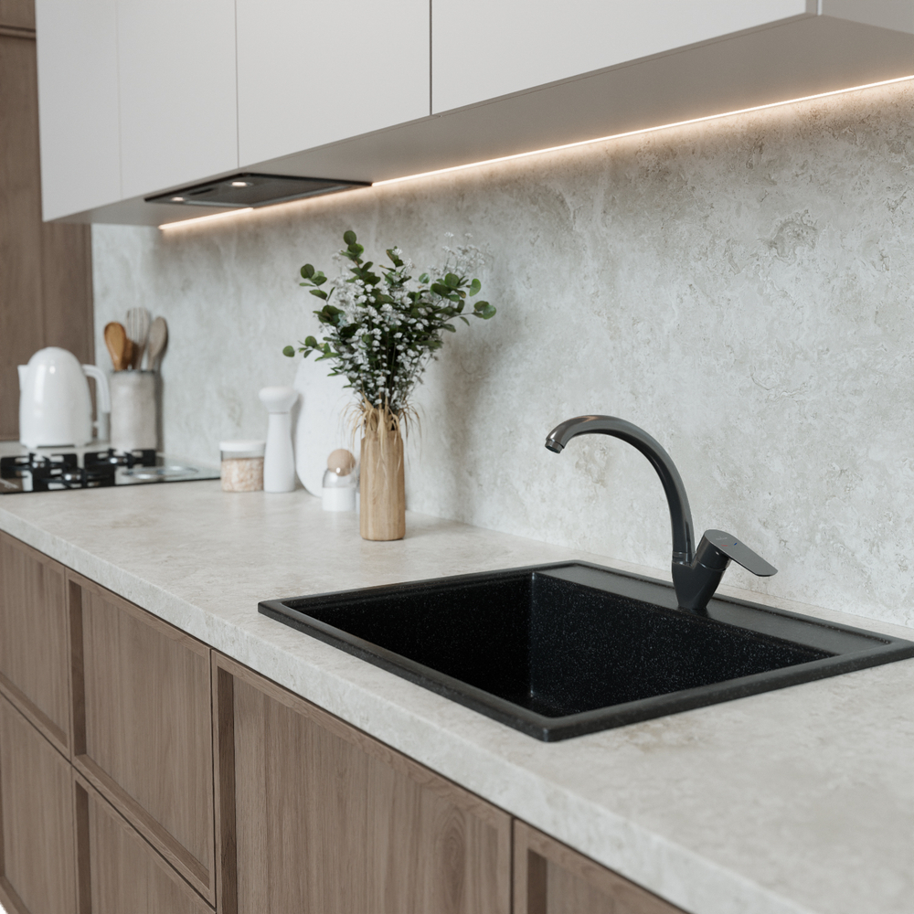 Смеситель для кухни 35k MIXLINE ML14-031GR высокий излив б/отв боковая п/гайку ГРАФИТ (без подводки)