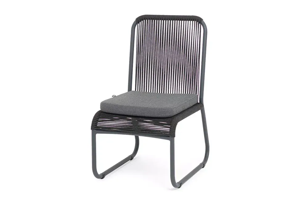 "Ането" стул плетеный из роупа, каркас алюминий темно-серый (RAL7024) муар, роуп темно-серый круглый, ткань темно-серая 027