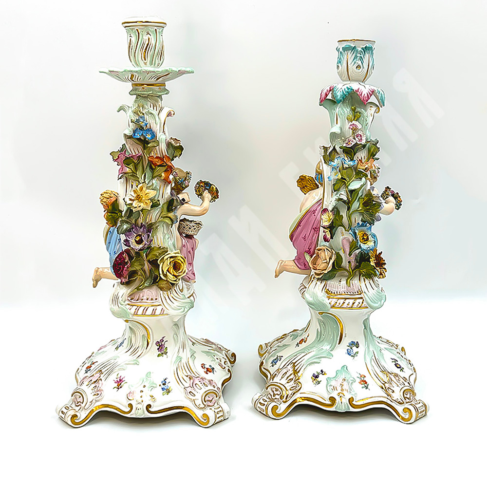 Пара подсвечников. Времена года. Meissen (Мейсен). Фарфор. Германия. XIX в.