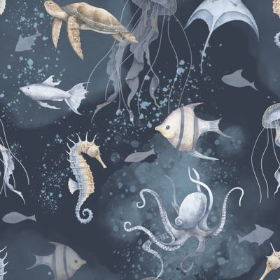 Морской принт с животными и рыбками на темном фоне