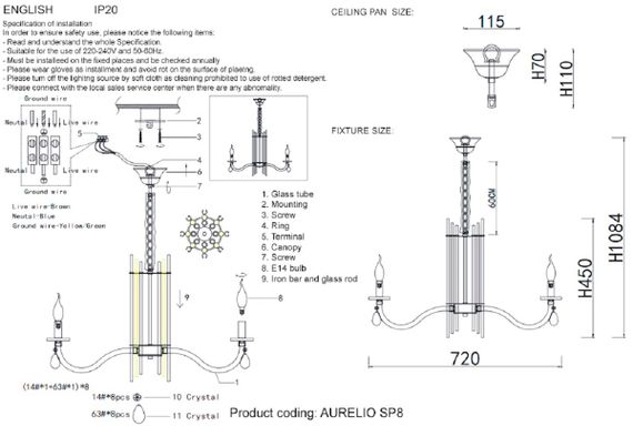 Подвесная люстра Crystal Lux AURELIO SP8 GOLD+CHROME/TRANSPARENT
