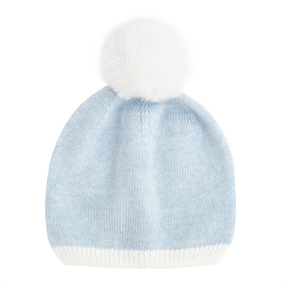 Шапочка из мериносовой шерсти с меховым помпоном (Темно-Голубой)