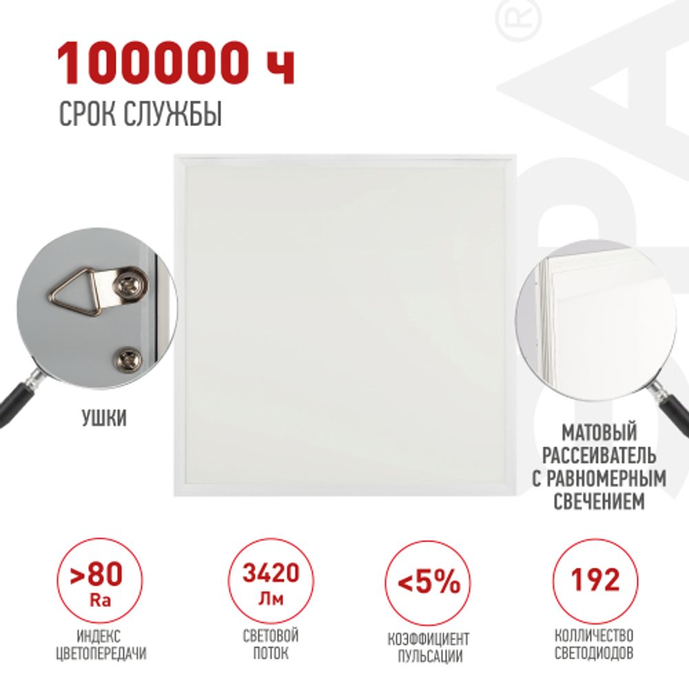 Светодиодная панель ЭРА SPL-510-W-40K-040 40Вт 4000К 595x595x8 белая без драйвера с ушками ультратонкая | Панели с внешним драйвером
