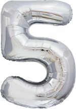 Шар (34"/86 см) Цифра, 5, ЭКО, Серебро, в упаковке 1 шт.