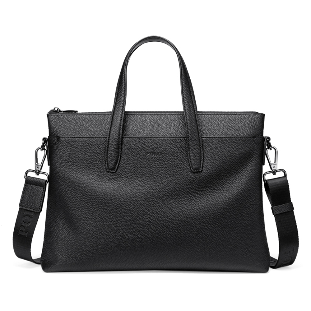 POLO Top Grain Cow Leather Men"s Crossbody Bag, Shoulder Bag Briefcase Large Men"s Black