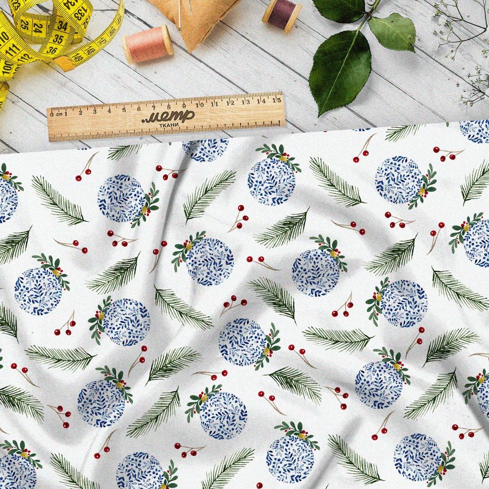 Ткань дюспо снежные шары с еловыми ветками