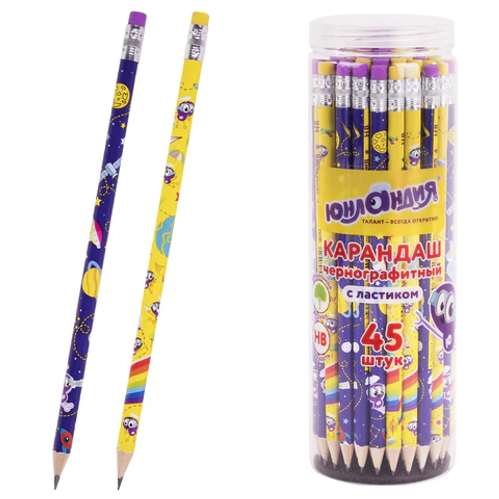 Карандаш чернографитный "ЮНЛАНДИК", HB, с ластиком, корпус ассорти