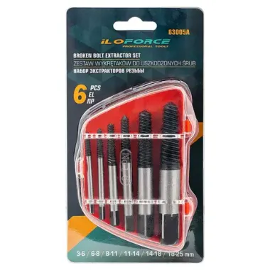 Набор экстракторов резьбы,6пр.(М3-М25, Ø:3-6мм, 6-8мм, 8-11мм, 11-14мм, 14-18мм, 18-25мм, ''мелкий шаг''), в пластиковом футляре ILOforce IF-63005A