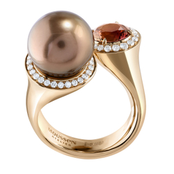 Кольцо с Морским Шоколадным Жемчугом, Оранжевым Турмалином и Бриллиантами, R0259-51/2