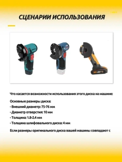 Набор дисков для мини УШМ, 15 шт. (75х10 мм) - отрезные, шлифовальные, пильные для дерева, металла, плитки и пластика.