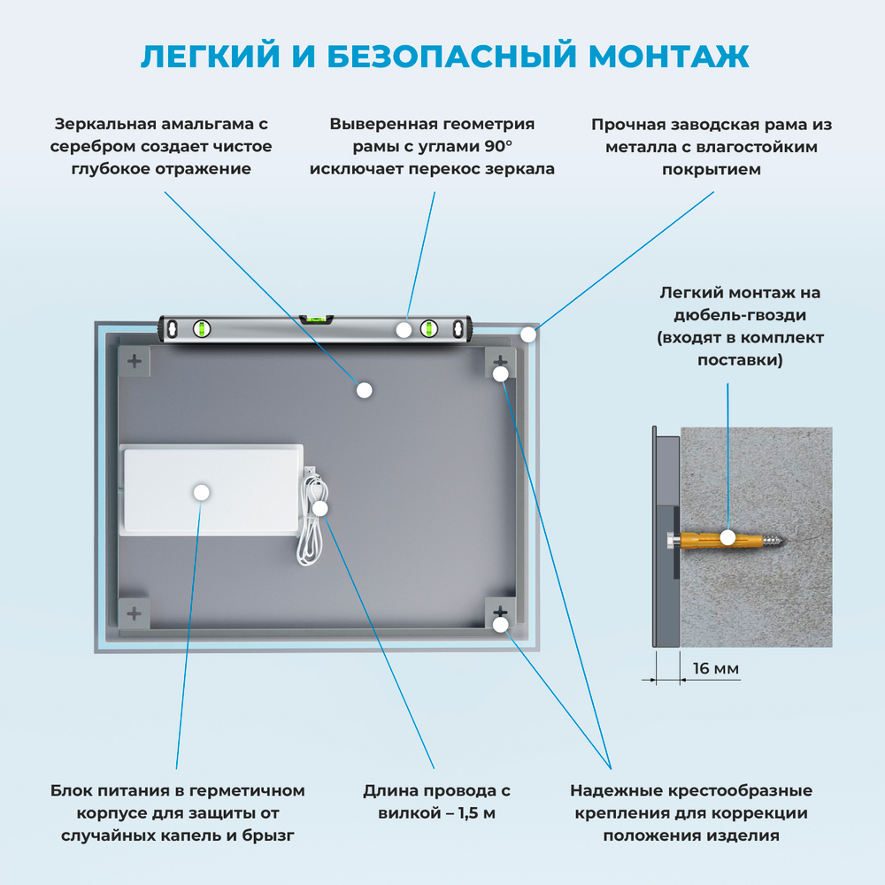 Настенное зеркало для ванной с подсветкой для макияжа