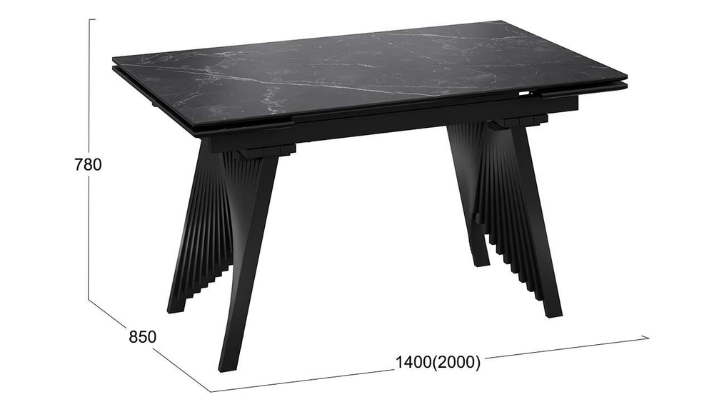 Стол кухонный обеденный раздвижной Черный муар/Керамика матовая черный мрамор 140(200)х85х78 см