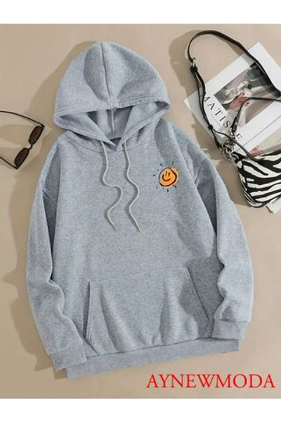 Черный красивый унисекс спереди с принтом солнца негабаритный велосипедный воротник Swetshirt