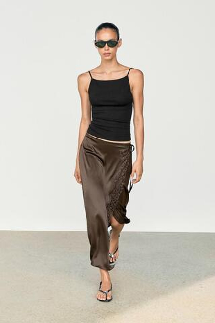 Massimo Dutti Юбка парео из 100% шелка с кружевными деталями, шоколадный