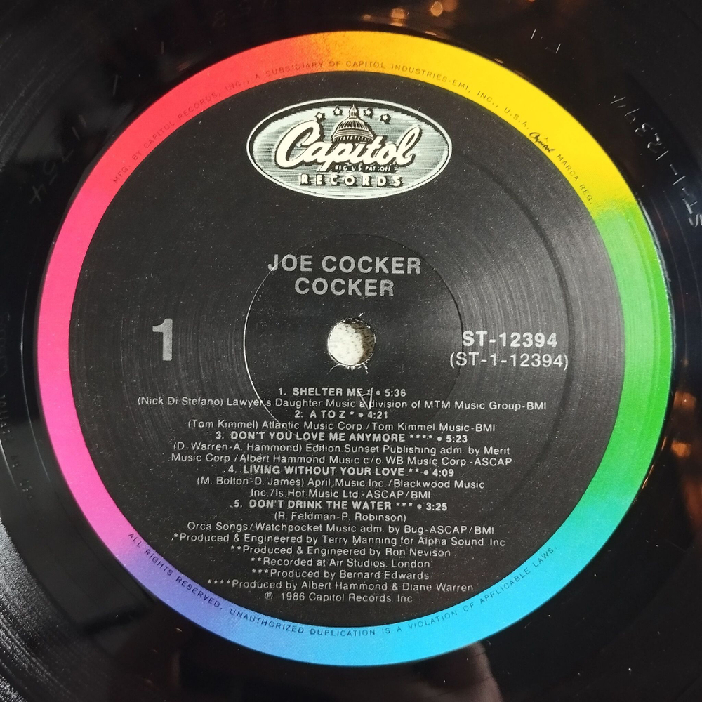 Винтажная виниловая пластинка LP Joe Cocker (USA 1986) Capitol Records